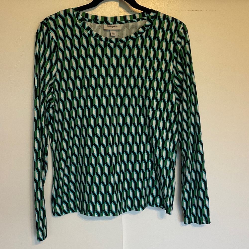 Diane von Furstenberg Geometric Green & Black Long Sleeve Top